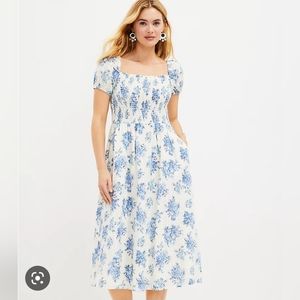 Loft Floral Smocked Puff Sleeve Midi Pocket Dress